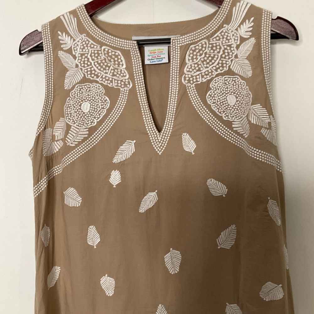 Gretchen Scott Designs Sleeveless Halter Neckline Tan White Leaf Pattern Dress M - Picture 3 of 16